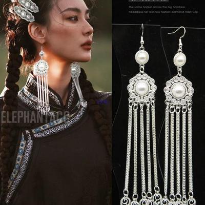 Mongolian Style Extra-Long Chain Earrings for Travel Photography & Robe Accessories