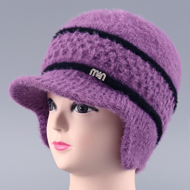 Hat Female Winter Rabbit Hair Warm Wool Hat Old Lady Cold Protection Ear Protection Knitted Hat