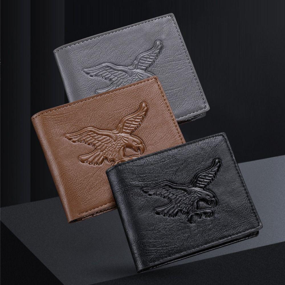 Cool PU Leather Men Short Wallet Black Grey Brown 3D Eagle Relief Pattern Leather Designer Wallet Credit Card Holders Men