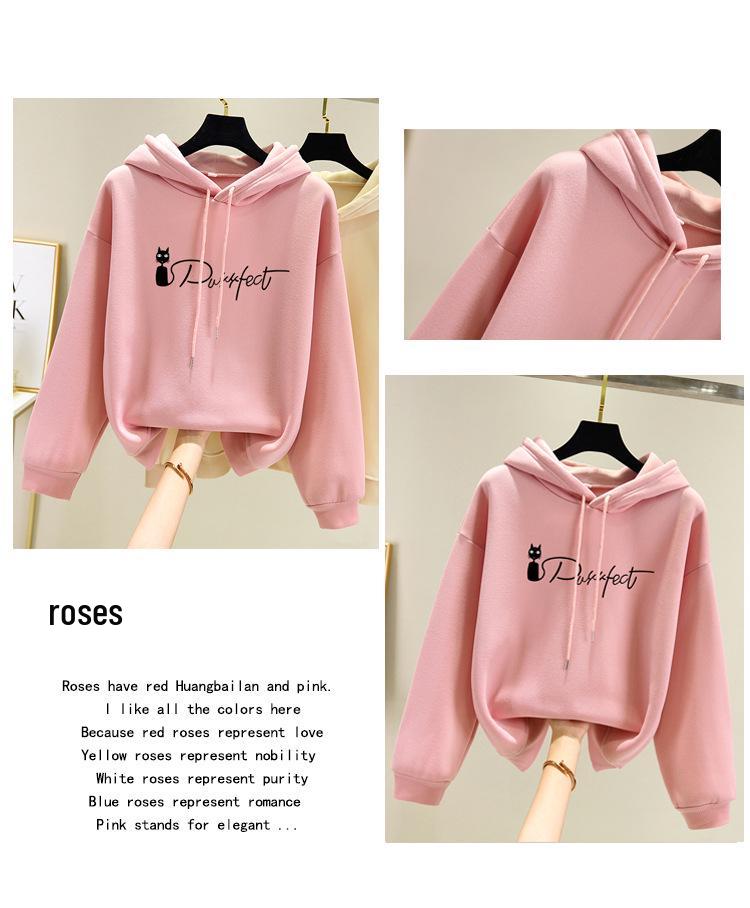 Korean Style Women's Fleece-Lined Hooded Sweatshirt, Plus Size, Loose Fit, Long-Sleeved, for Autumn and Winter.