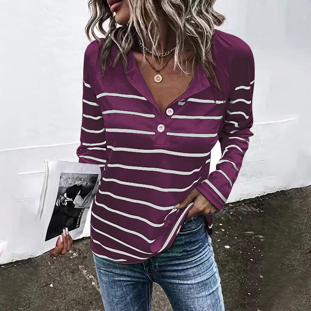 Ladies Casual Striped Round Neck Button Casual Loose Long Sleeve T-Shirt