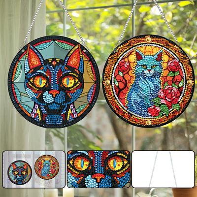 2pcs Animal Theme 2D Flat DIY Hanging Diamond Art Kits Rhinestone Diamond Art Window Pendants Window Hanging Art for Home Decor