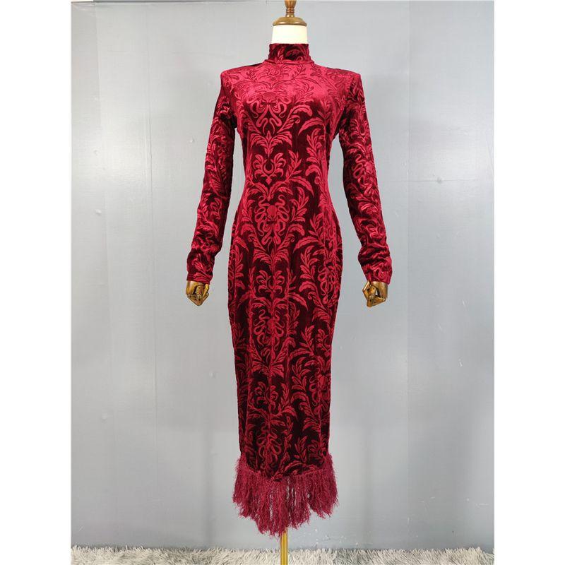 

French Entry Lux High Texture Velvet Comfortable Tihua Go-Getter Girl Style Tassel Cheongsam Dress Long Sleeves Stand Collar Dress Burgundy XL