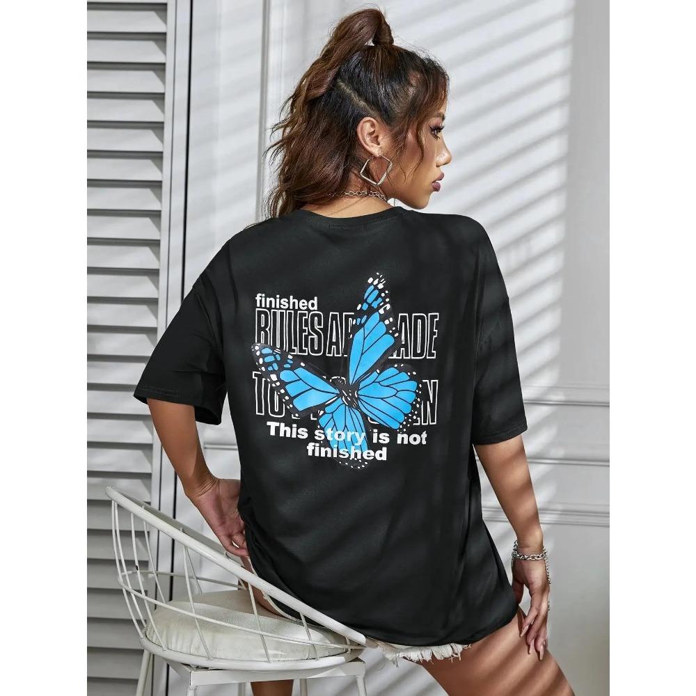 

Art Word and Blue Butterfly Printed Women T-Shirt Casual Short Sleeve Breathable Summer T Shirt Clothing S