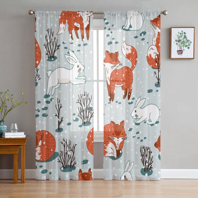 Animal Bird Fox Forest Winter Window Curtains For Living Room Kitchen Door Curtain Sheer Curtains For Bedroom