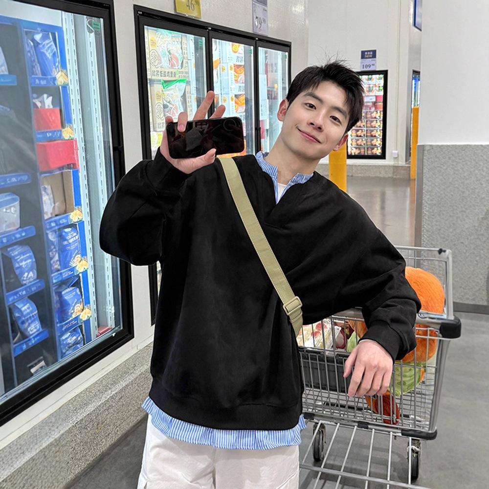 

Blue and White Striped Splicing Fake Two-piece V-neck Sweater Mens Autumn Wear Top Coat XXL чорний
