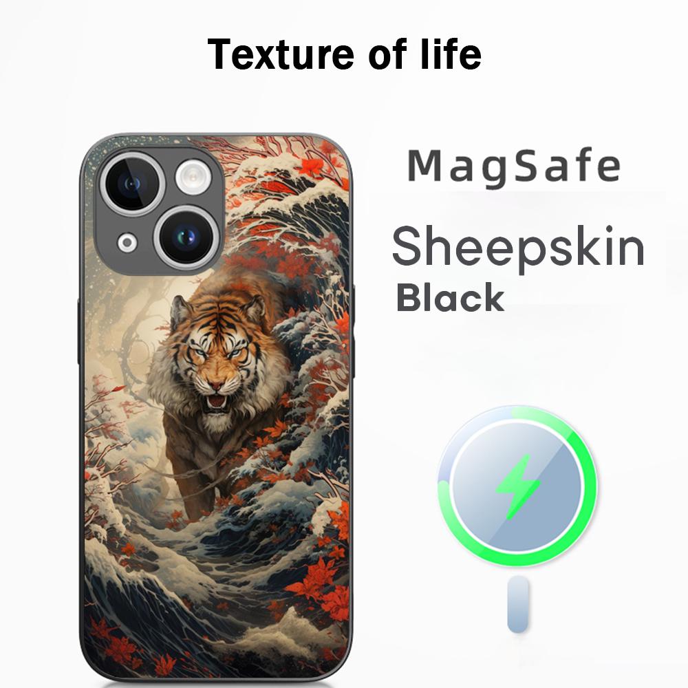 Japanese Tiger Art fashion design Phone Case For iPhone 16 15 14 13 12 11 Plus Pro Max  High-end Luxury Magsafe Sheepskin