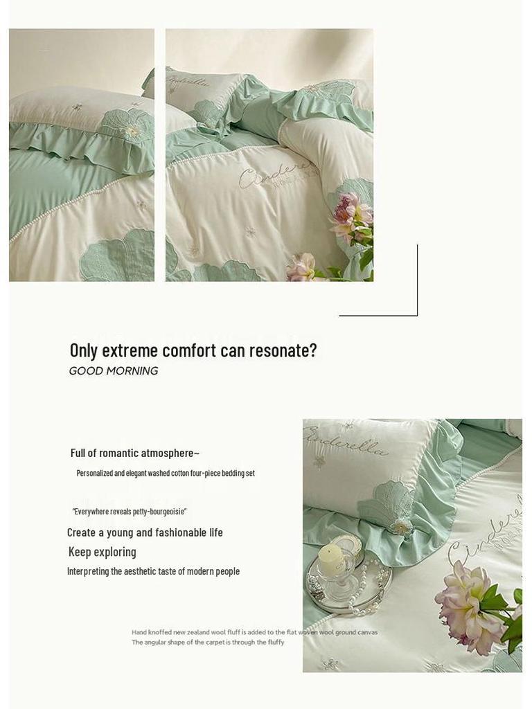 G5Z Koreanisches Prinzessinnen-Sonnenblumen-Stickbettwäsche-Set - Große Bettbezug & Spannbettlaken, Mädchenhaftes Vierteiliges Set