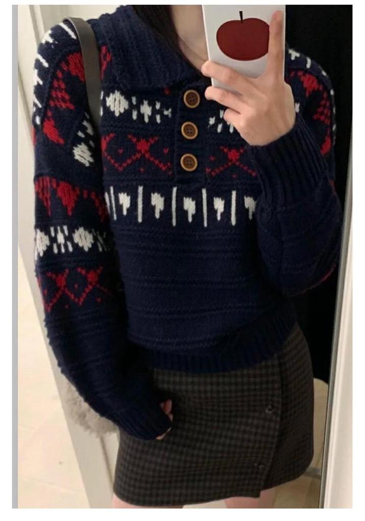 Women's European High-End Fair Isle Wool Polo Sweater - 100% Pure Wool for Autumn & Winter