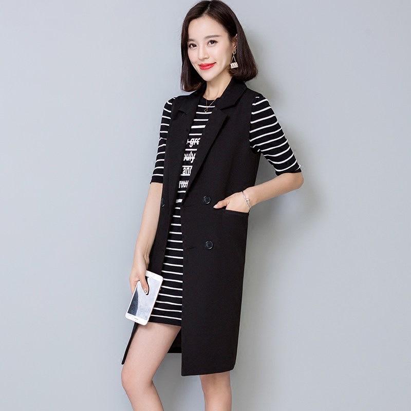 Chaleco Negro de Mujer sin Mangas de Largo Medio 2025 - Talla Grande Coreano, Estilo Primavera y Otoño