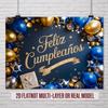 2D flach, 1-teiliges spanisches Happy Birthday Party-Banner mit goldenen und blauen Luftballons, Sternen und Geschenkboxen für die Familie,