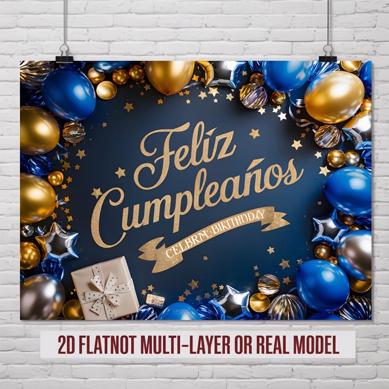 2D flach, 1-teiliges spanisches Happy Birthday Party-Banner mit goldenen und blauen Luftballons, Sternen und Geschenkboxen für die Familie,