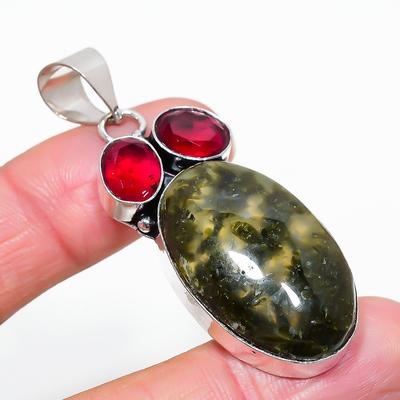 Natural Prehnite, Rubillite Gemstone 925 Sterling Silver Pendant 2.29" L7C52