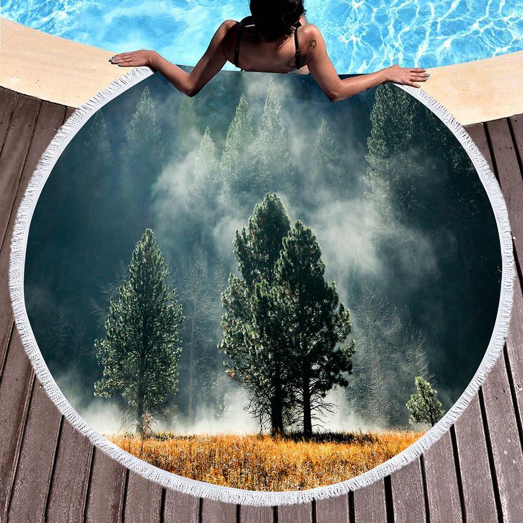 Forest Round Beach Towel Natural Scenery Beach Blanket with Tassels Microfiber Country Woodland Tree Circle Bath Towel Yoga Mat