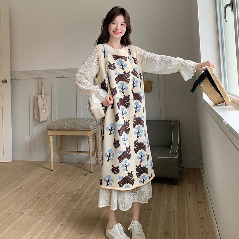 

2025 Модный французский принтованный жилет и длинная юбка в пол: Милый, нежный костюм-двойка S