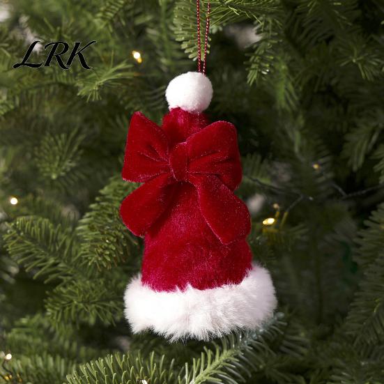 Retro Christmas Tree Accents Plush Santa Hat Ornament with Bow Decor, Xmas Hanging Pendant Soft Ornaments Lanyard for Holiday Decoration, Red