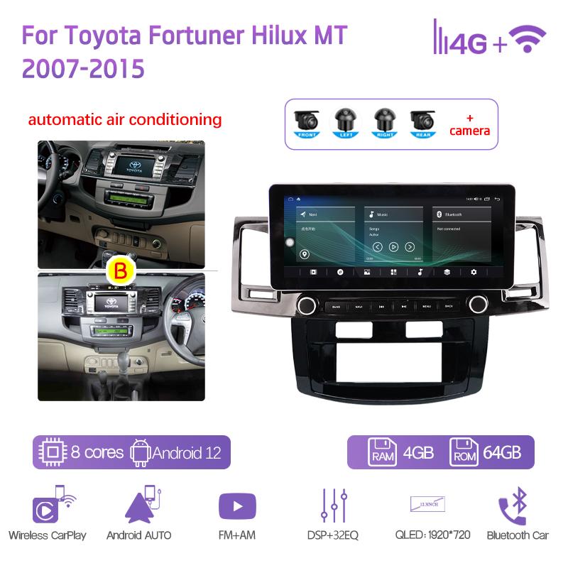 12.3" For Toyota Fortuner Hilux MT 2007-2015 Car Multimedia Player GPS Navigation Android12 8+128G 8Core CarPlay 4G 360Camera