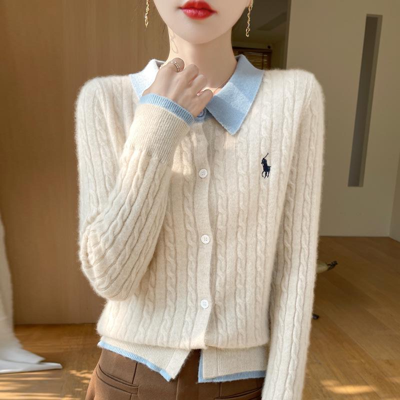 2025 Autumn/Winter Women's Pure Wool Embroidered Cable Knit Cardigan - Turn-Down Collar, Long Sleeve, Button-Up, Loose Fit Outerwear.