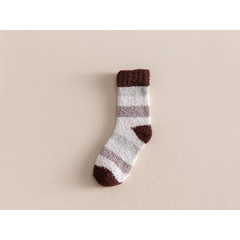 Coral fleece socks strips men's autumn and winter sleep socks medium tube socks fleece thickened warm home floor half fleece