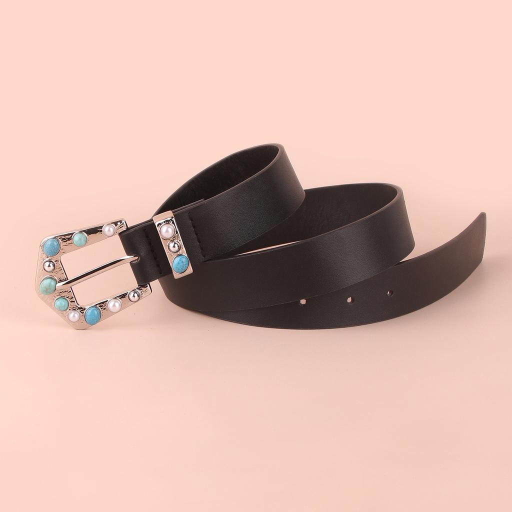 Blue Gemstone Inlaid Retro Classic Black Belt Diamond-encrusted Women's Flat Belt