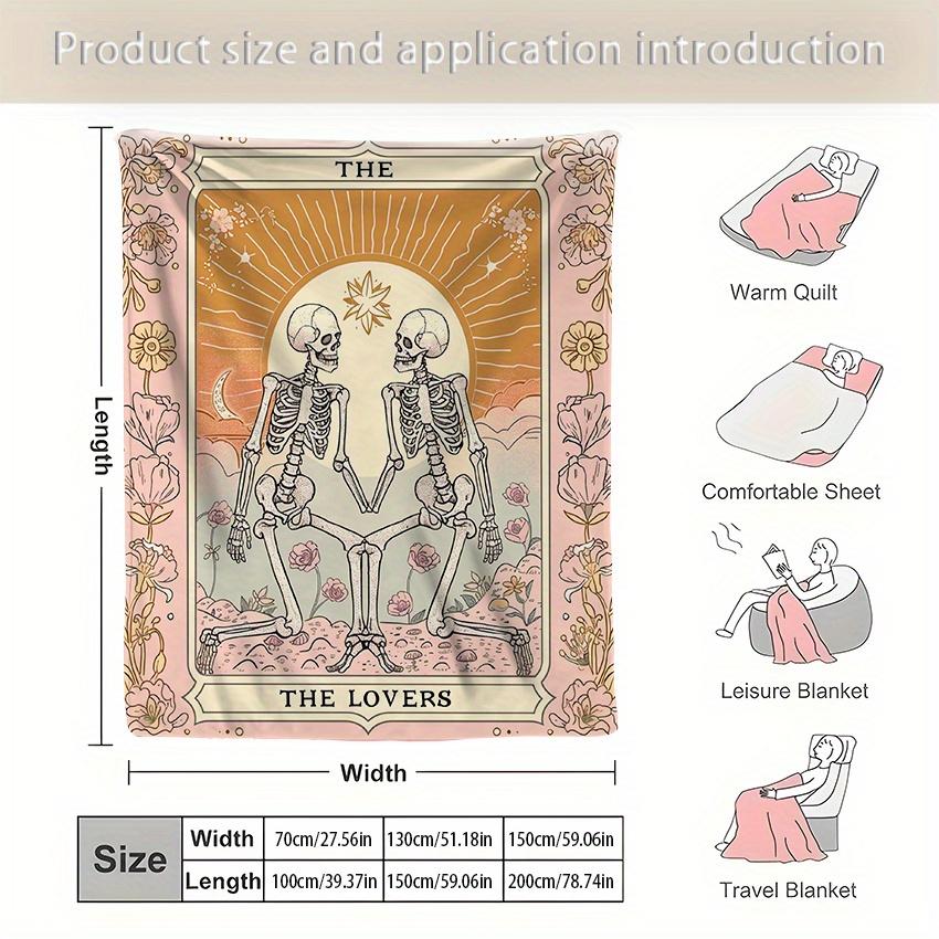 Vintage Tarotkarte „Die Liebenden“ Skelett-Design Flanell-Kuscheldecke, 100% Polyester Gestrickt Weich Gemütlich Warm Kunst-Decke