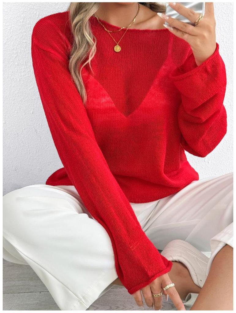 Cross-Border Casual Loose Knit Hollow Sweater: Women's Lightweight Bell Sleeve, Round Neck, Solid Color