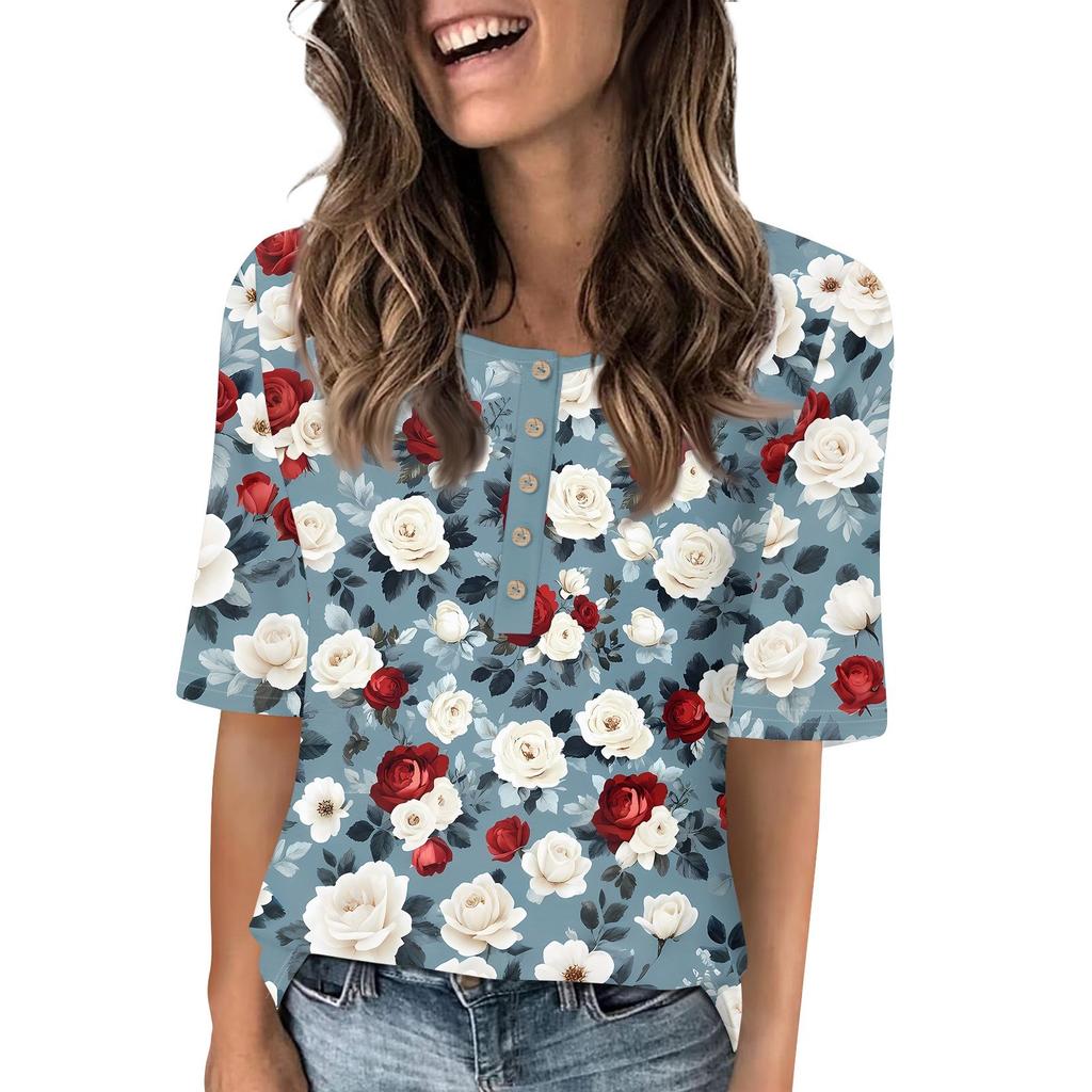 Shirts For Women Trendy Round Neck Button T Shirts Printed Blouse Half Sleeve Tops For Women