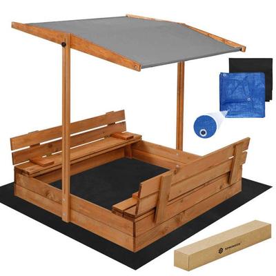 Dřevěné pískoviště - SPRINGOS -- Sklopné lavice víko - Šedá nastavitelná střecha - Plachta 200x200