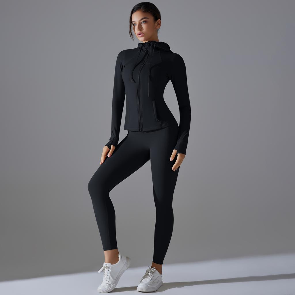 Auroth Glidelås Langermet Yogadrakt Dame Treningsklær Gymskjorter Push Up Fitness Leggings Sportsklær