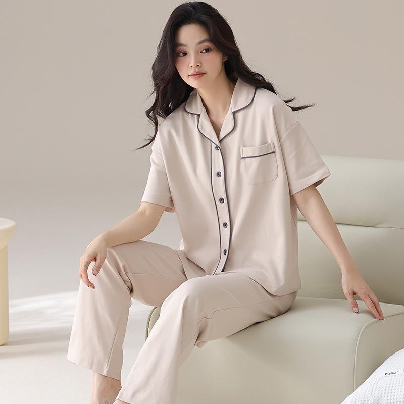 Lycra cotton couple pajamas summer pure cotton short-sleeved trousers loose and cool can be worn outside men's loungewear suit