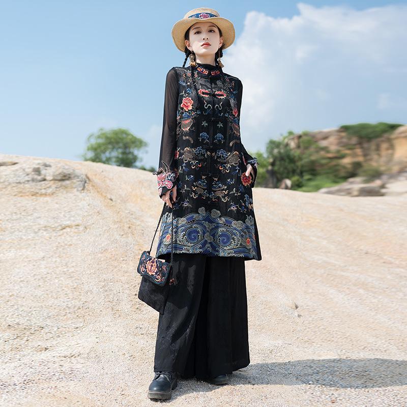 Frühlings-Ethno-Damenweste: Retro Floral Stickerei Mittellange Weste