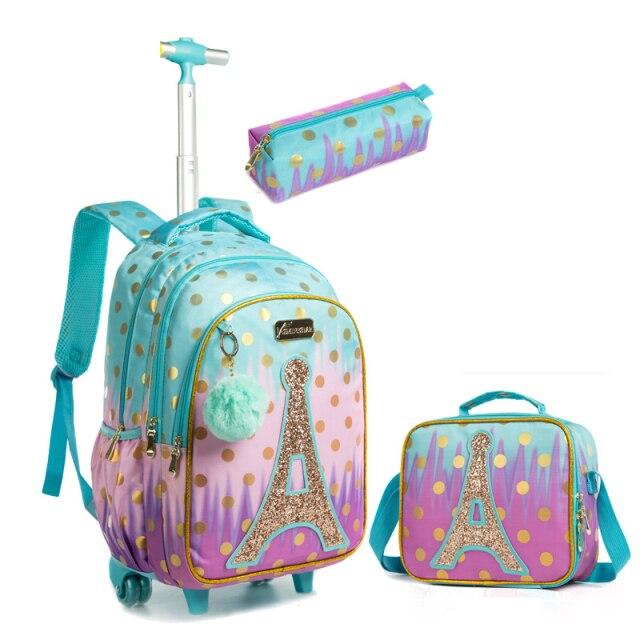 Zaino Con Ruote Per Ragazze – 3 Pezzi (Zaino + Astuccio + Contenitore Pranzo), Per Scuola, Viaggi, 41x30x20 Cm