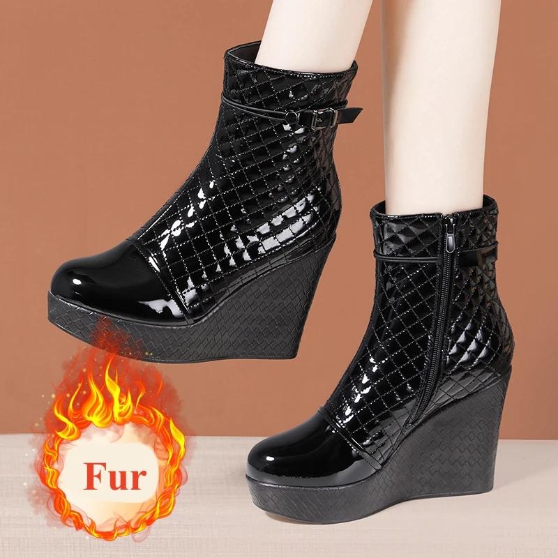 

10 см Маленький размер 33-43 Ботинки из натуральной кожи Женская платформа Клинья Обувь 2025 Зима Высокие каблуки Теплый мех Ботильоны Офис Мама 38