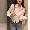 Female Korean White Office Women Chiffon Shirt Pocket Button Lapel Ladies Blouse Spring Commuter Long Sleeve Crop Tops