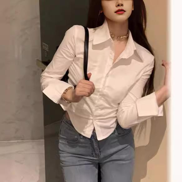 Female Korean White Office Women Chiffon Shirt Pocket Button Lapel Ladies Blouse Spring Commuter Long Sleeve Crop Tops