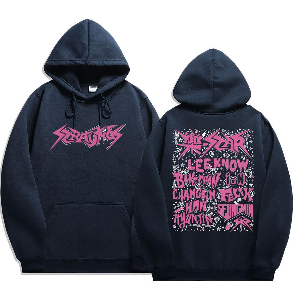 Stray Kids Pink Doodle Names Hoodie Front Stray Kids Metal Logo & Back Pink Rock‑Star Doodle All 8 Members Names & Stars, Oversized K‑Pop Fan Pullover