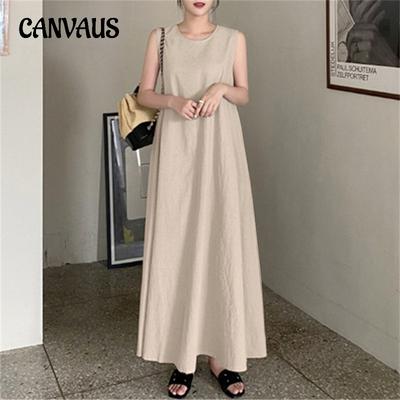Plus Size Summer Women's Cotton Linen Long Halter Dress Loose Pocket Round Neck Temperament Sleeveless Big Swing Dresses