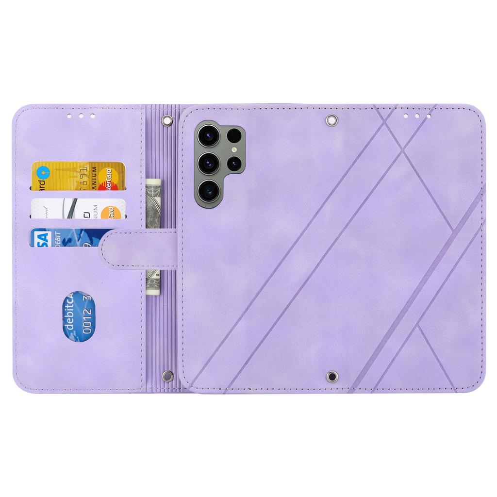 For Samsung Galaxy S25 Ultra Case Imprinted Line Leather Phone Cover with Handy Strap