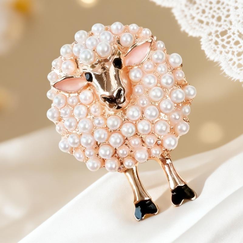 1Pcs Sheep Shape Full Drill Design Elegant Decoration Vintage Pearl Brooch For Women Daily Outfit