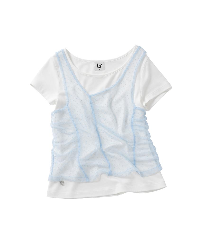 LMR Two-Way Lace Shirred Layered Short Sleeve T-Shirt Ivory / Sky Blue