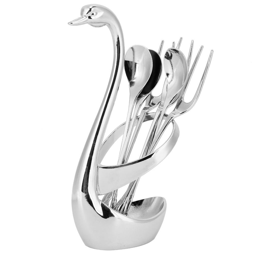 

7Pcs Swan Dining Tools Artistic Spoon Set Compact Layout Tableware Decor Cafe Use серебряный