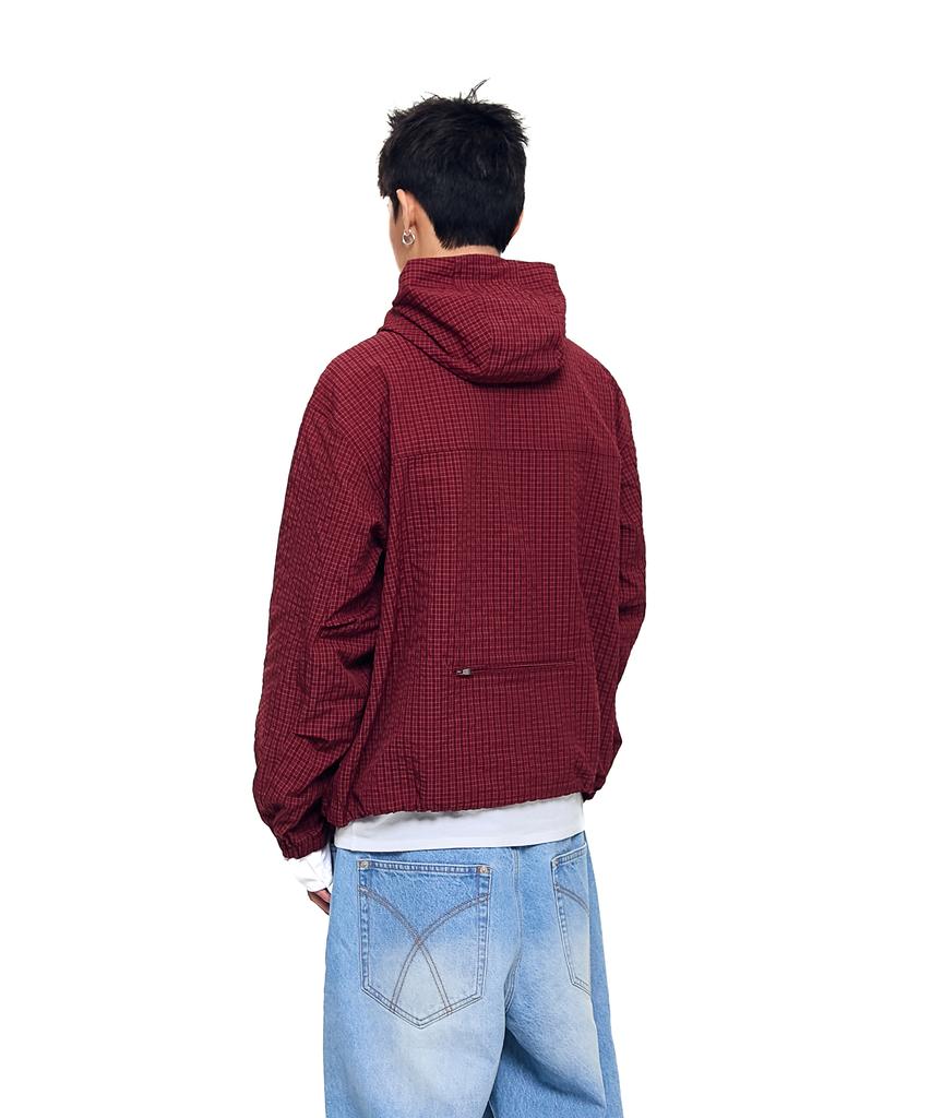 Aakam Check Pattern Hooded Jacket (Burgundy)