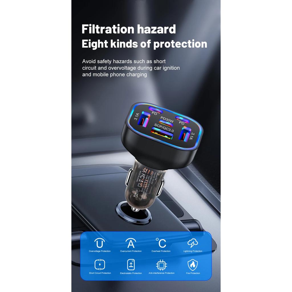 63W 6 In 1 PD Fast Charging Car Charger USB Quick Charge3.0 for IPhone 16 15 Samsung Xiaomi Type-C Car Phone Charger Adapter In Car