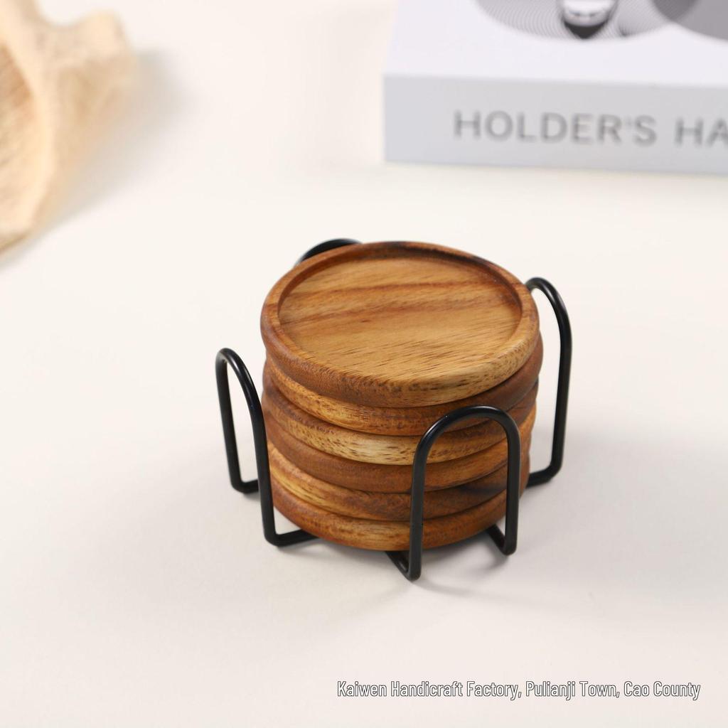 Round Solid Wood Grooved Coaster Set with Wrought Iron Rack - Non-Slip, Heat-Resistant Coasters for Home