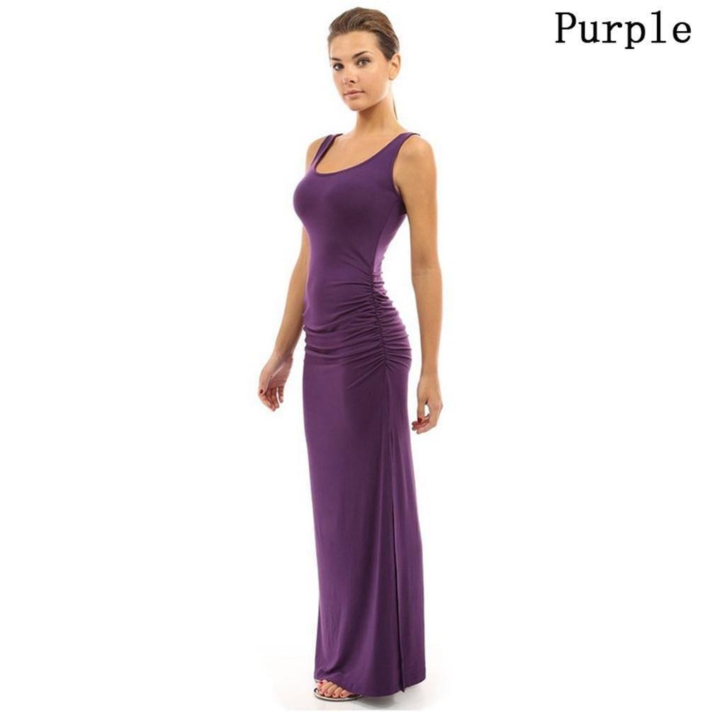 Elegant Summer Women Round Neck Slim Pleated Skirt Long Dress Sleeveless Split Swing