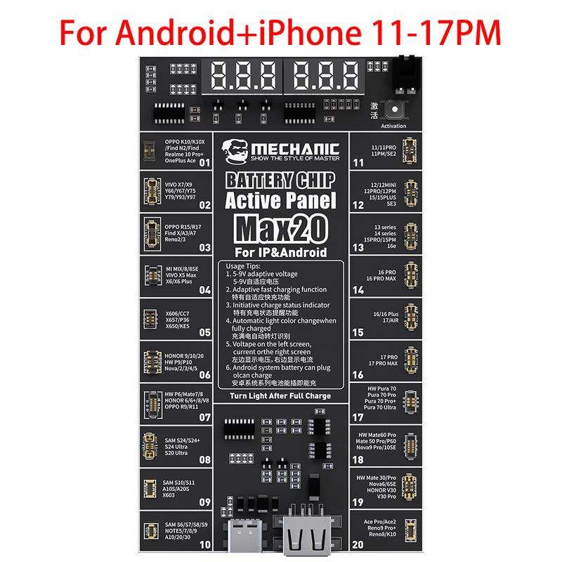 MECHANIC MAX20 Battery Chip Active Panel for IP 11-17 Pro Max Android Battery Activation Tool Circuit Board Charging Tester