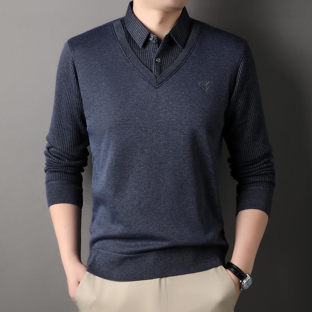 Male Autumn Knit Pullover Polo Shirts Shirt Collar Sweater Pullovers Men'S Business Casual Fashion Stripe Top Clothing