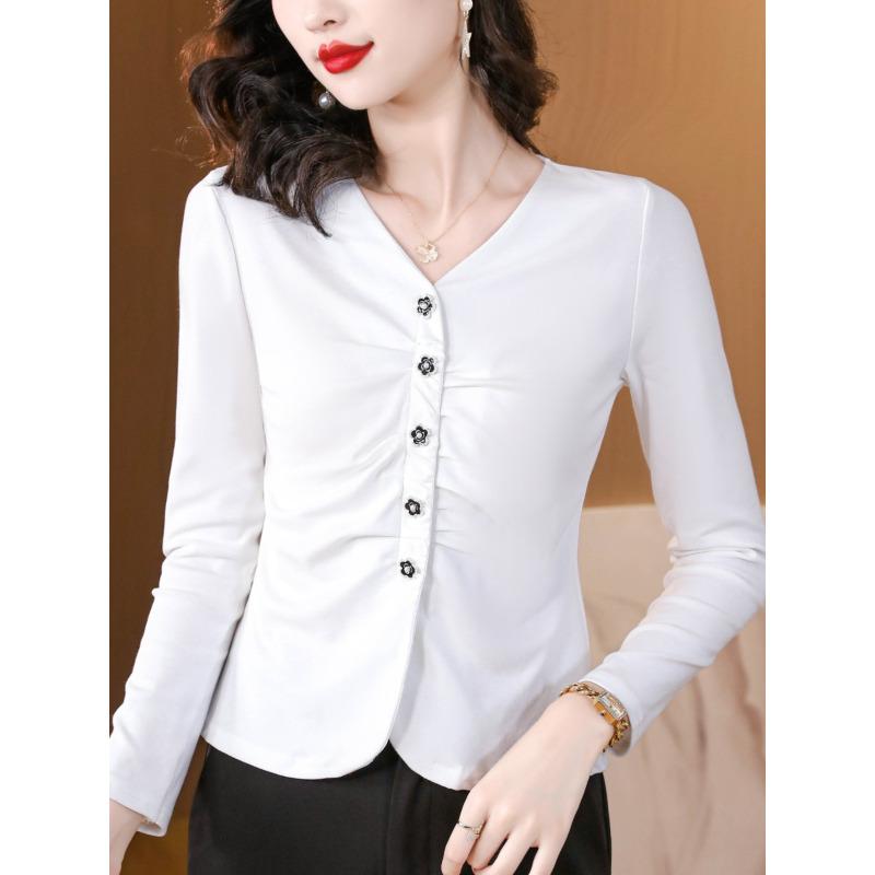 

Осенняя однотонная футболка с V-образным вырезом и длинными рукавами, женская футболка в иностранном стиле с тонкой талией и небольшим верхом 3XL