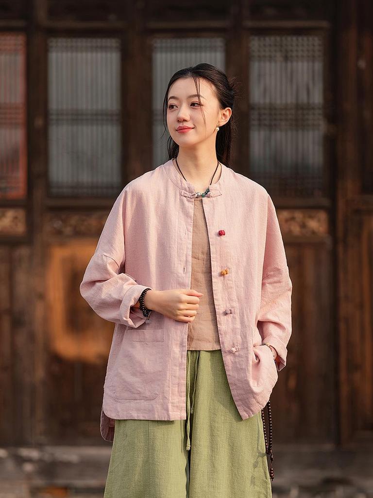 Spring Hemp Color Block Stand Collar Zen Jacket - Women's Cotton Linen Chinese Style Cardigan