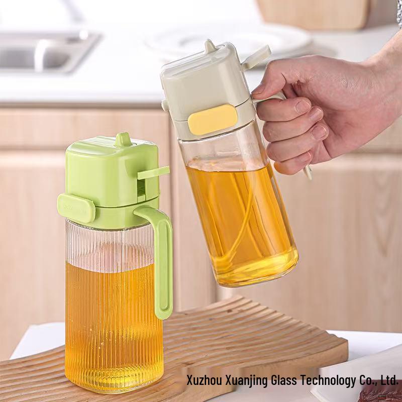 Large Capacity Glass Oil Dispenser with Handle - Side Opening, Non-Drip, Pressing Atomization for Kitchen Use